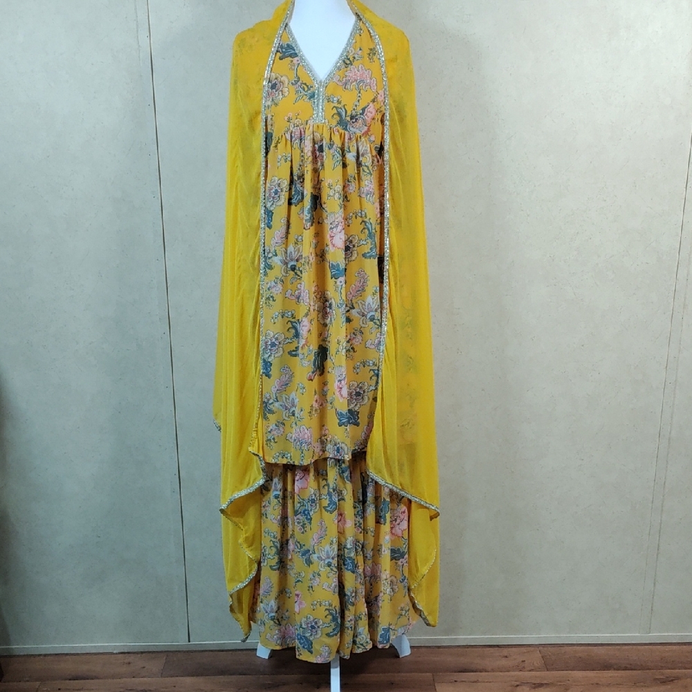 H156 Janasya yellow floral 3 piece Kurta set XS EUC